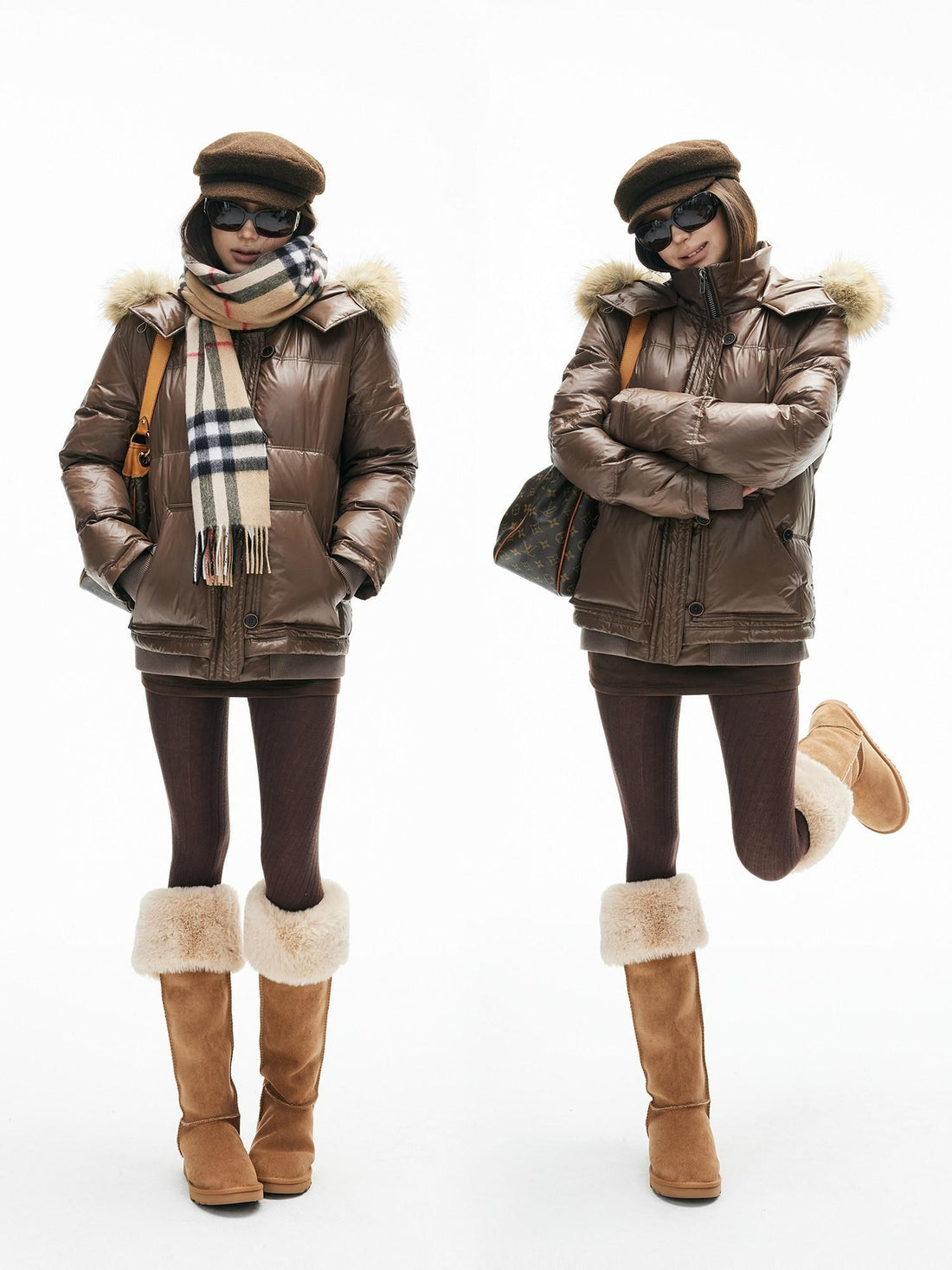 iamxiaa Satin Sheen Detachable Fur Hood H Silhouette Women&