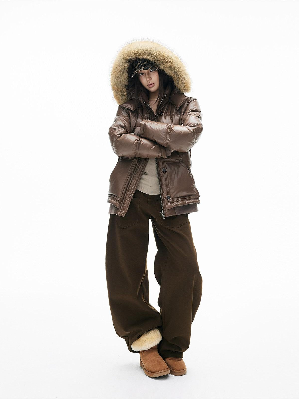 iamxiaa Satin Sheen Detachable Fur Hood H Silhouette Women&