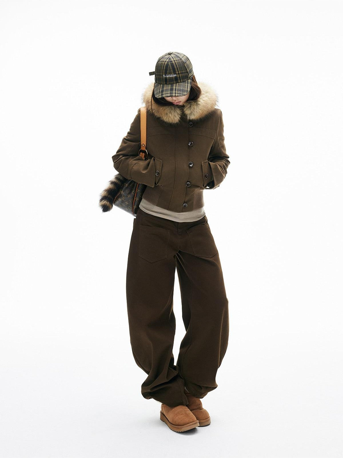 iamxiaa Satin Sheen Detachable Fur Hood H Silhouette Women&