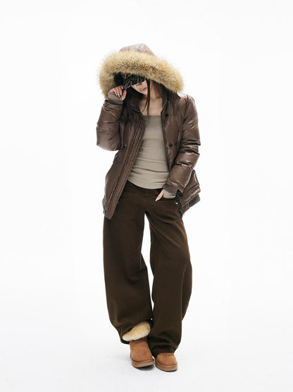 iamxiaa Satin Sheen Detachable Fur Hood H Silhouette Women&