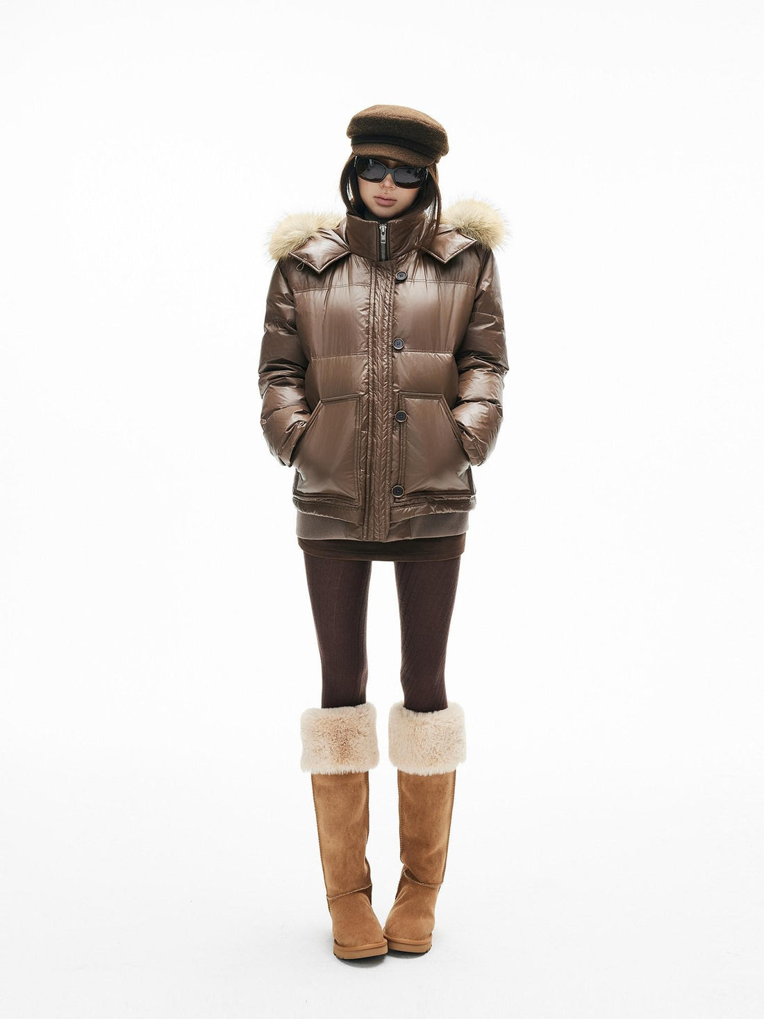 iamxiaa Satin Sheen Detachable Fur Hood H Silhouette Women&