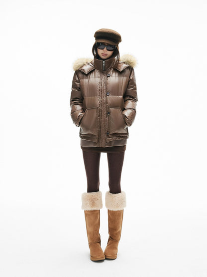 iamxiaa Satin Sheen Detachable Fur Hood H Silhouette Women&