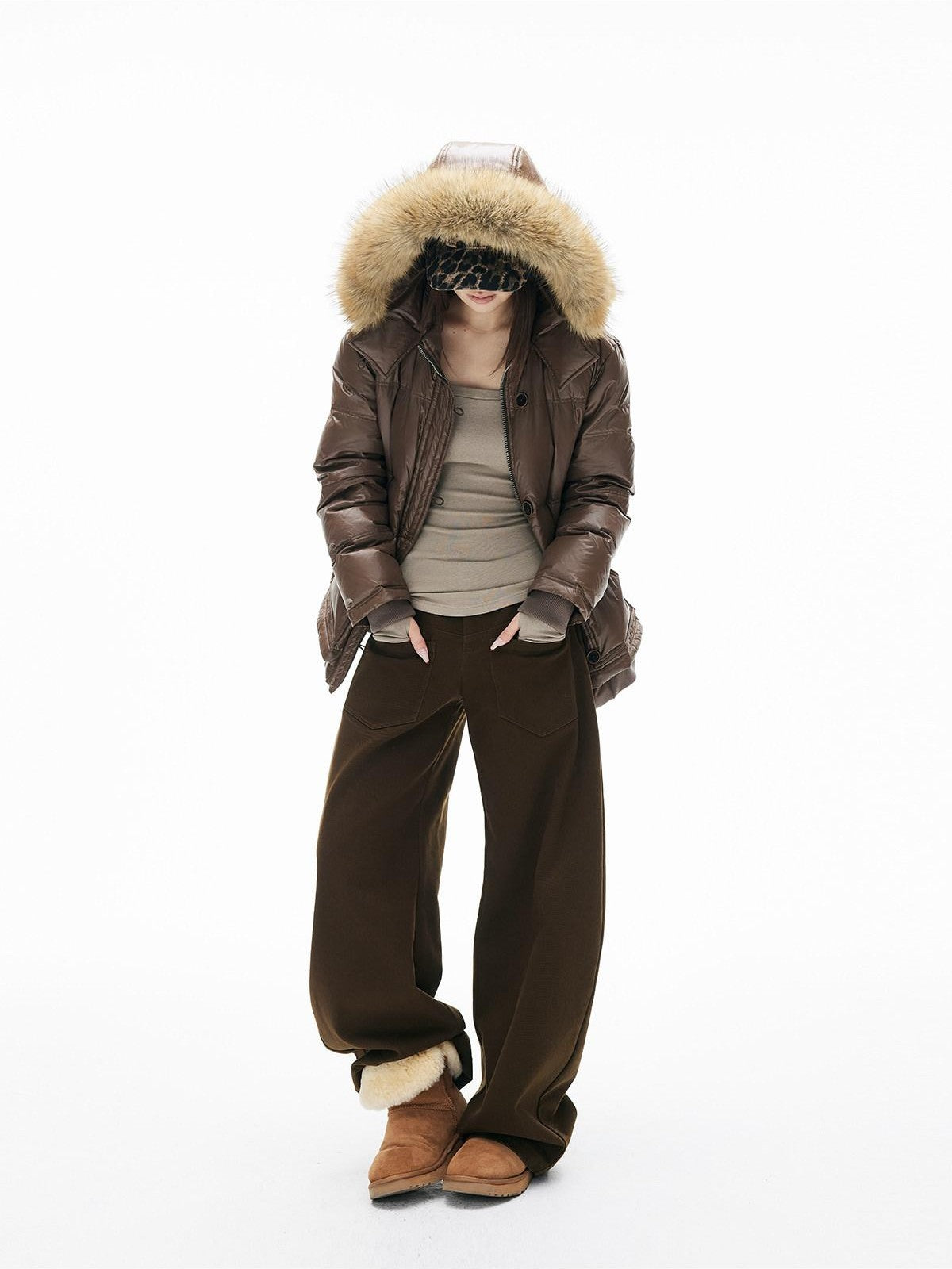 iamxiaa Satin Sheen Detachable Fur Hood H Silhouette Women&