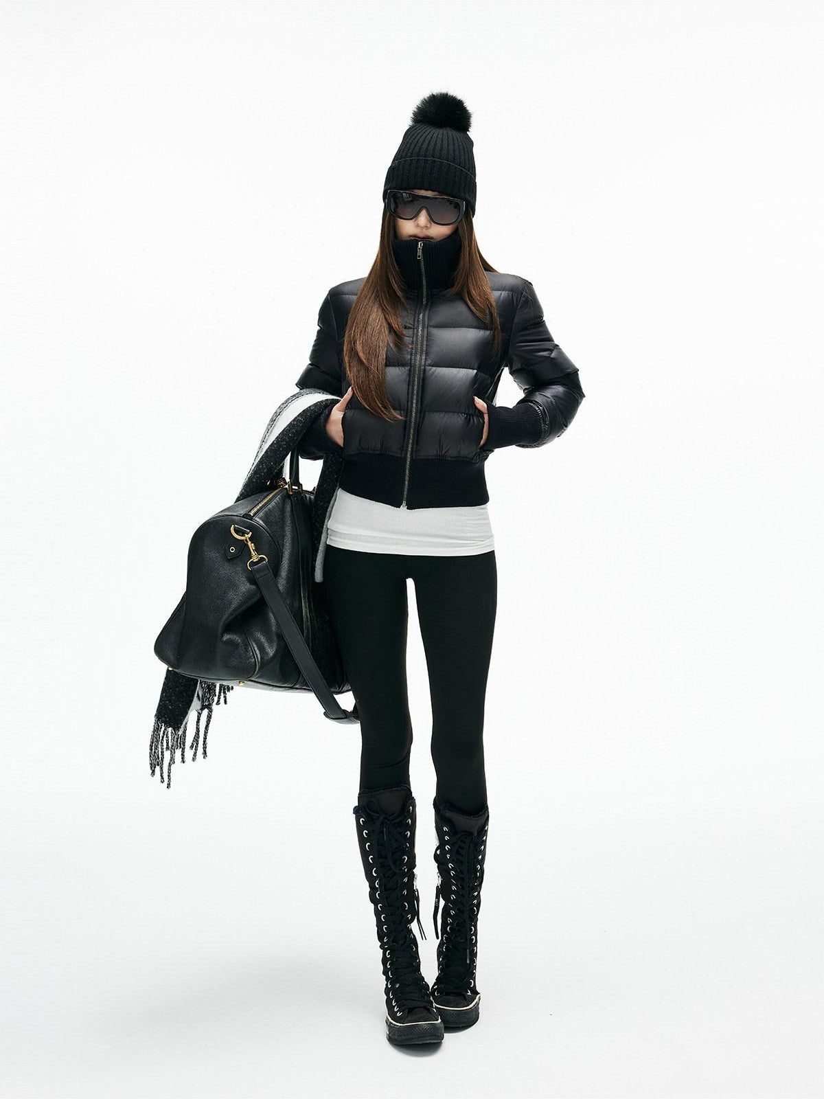 iamxiaa Satiny Ribbed Stand Collar Slim Fit Women&