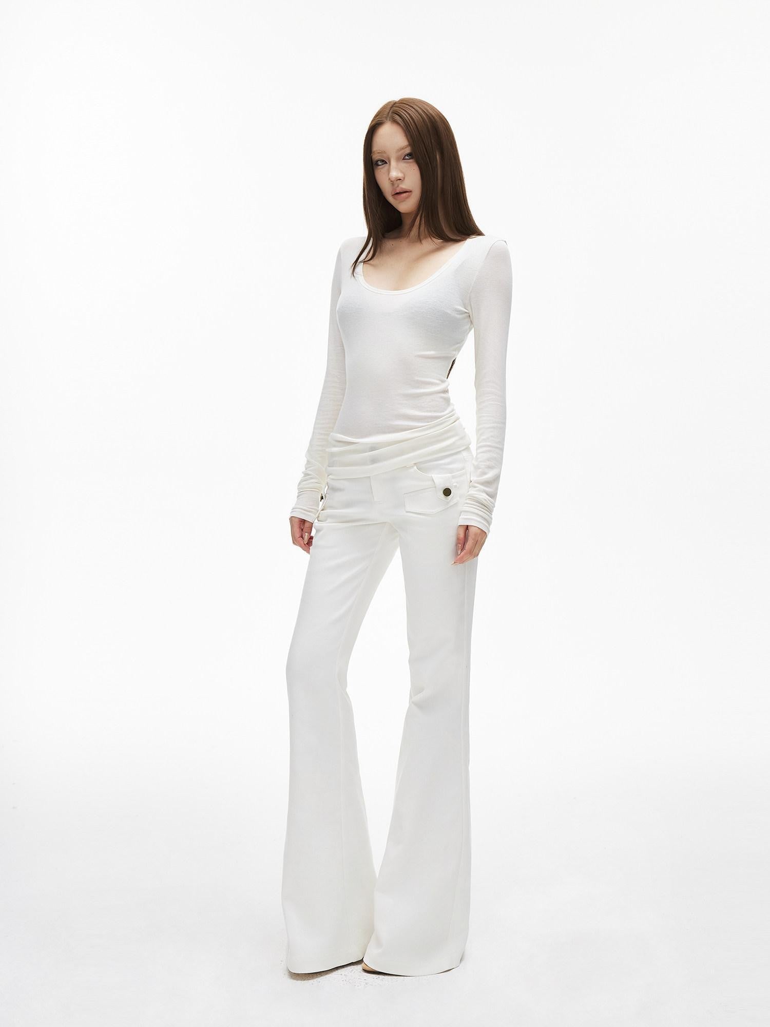 iamxiaa Semi Sheer Fine Ribbed U Neck Slim Fit Women&