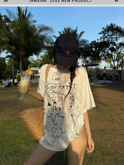 iamxiaa Semi Sheer Printed Short Sleeve Women&