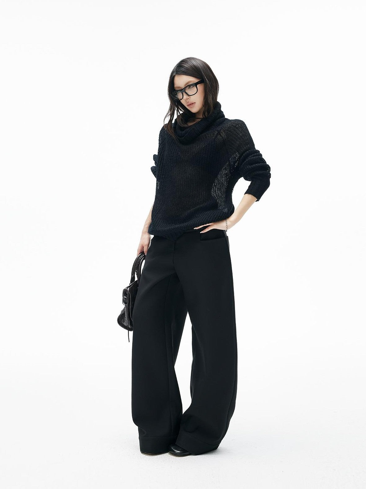 iamxiaa Semi Sheer Ribbed Knit Cowl Neck Loose Fit Women&