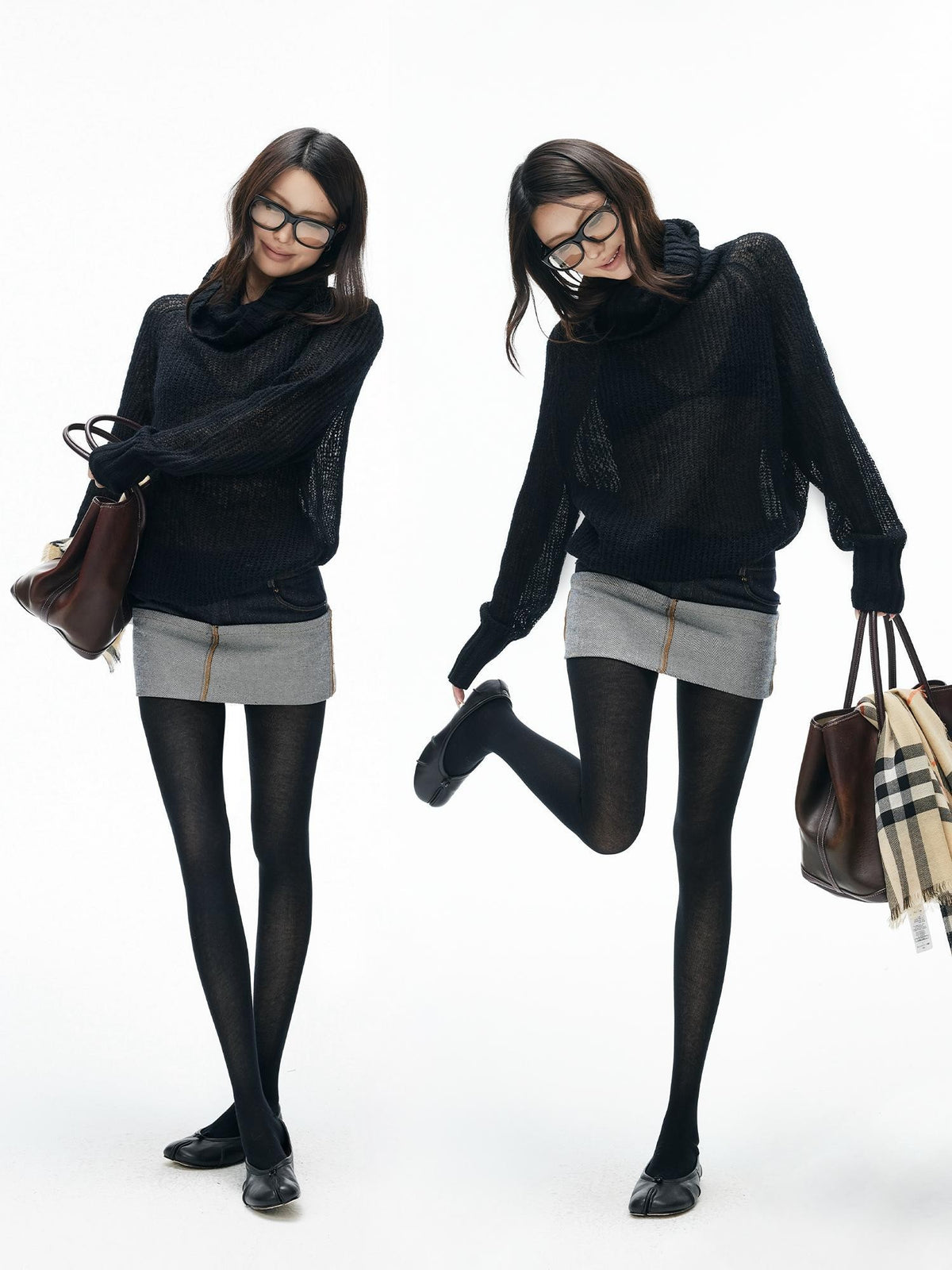 iamxiaa Semi Sheer Ribbed Knit Cowl Neck Loose Fit Women&