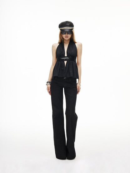 iamxiaa Sequin Ruched Waist Cinch Bare Back Tie Women&