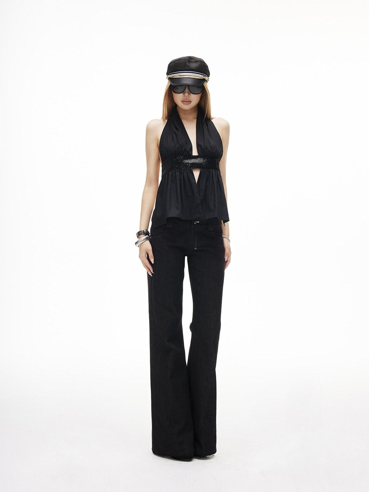 iamxiaa Sequin Ruched Waist Cinch Bare Back Tie Women&