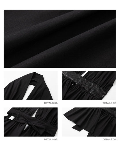 iamxiaa Sequin Ruched Waist Cinch Bare Back Tie Women&