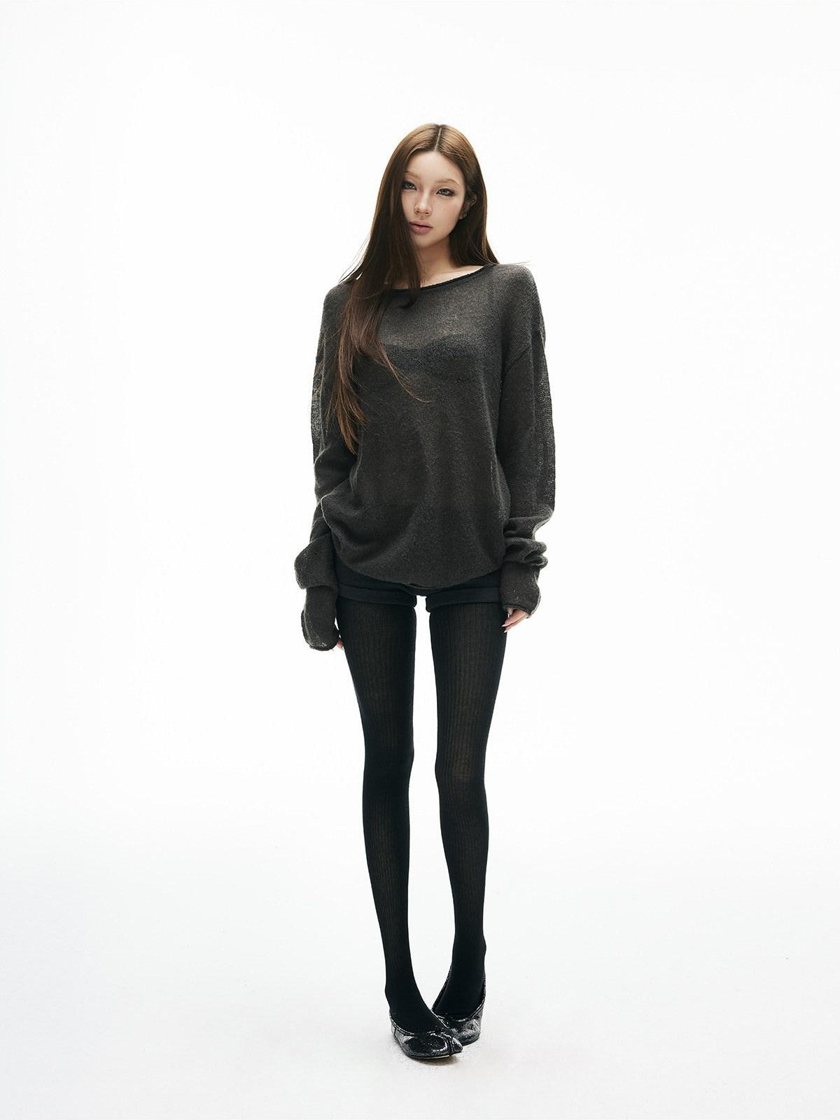 iamxiaa Sheer Boat Neck Drop Shoulder Women&