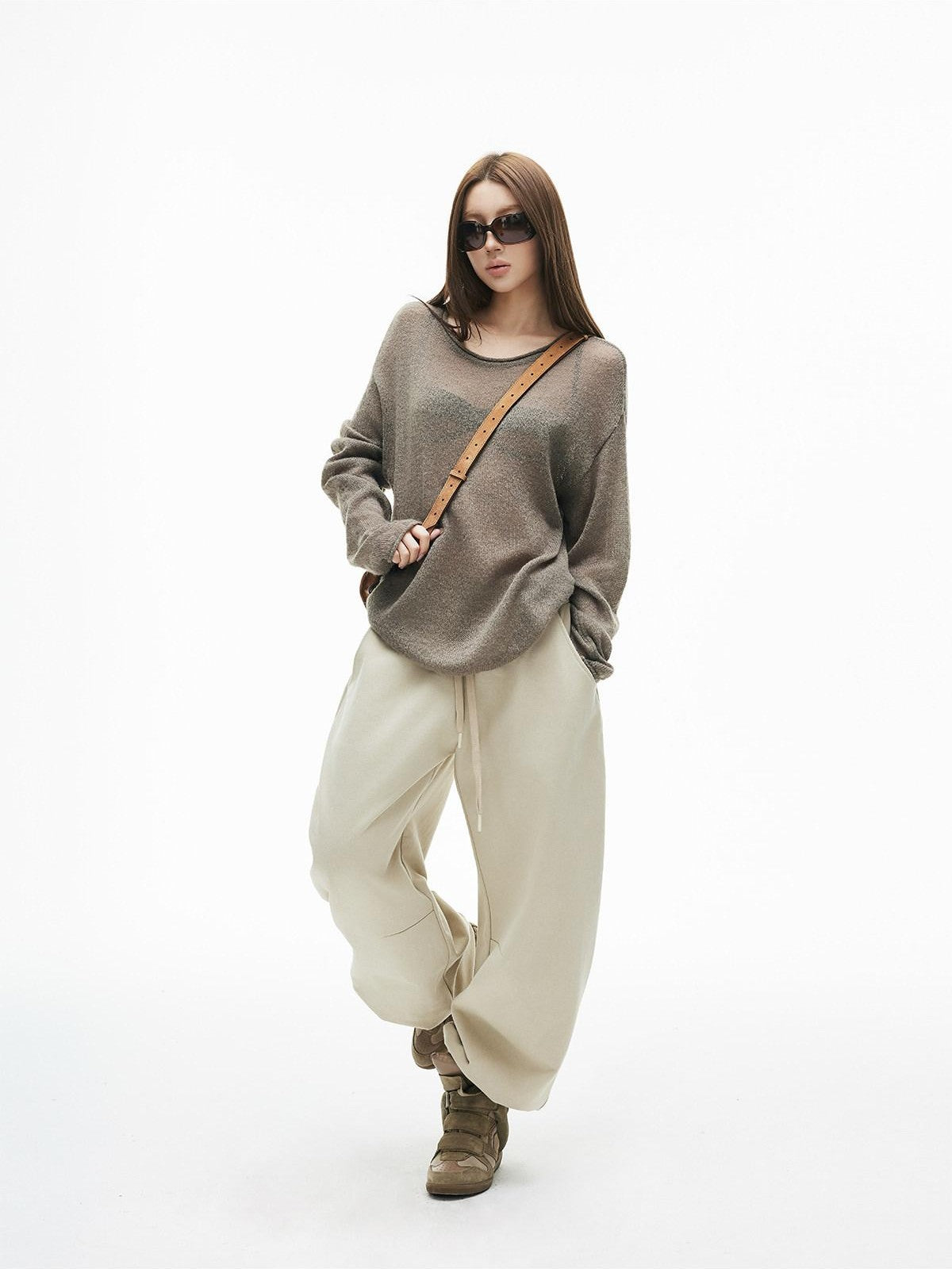 iamxiaa Sheer Boat Neck Drop Shoulder Women&