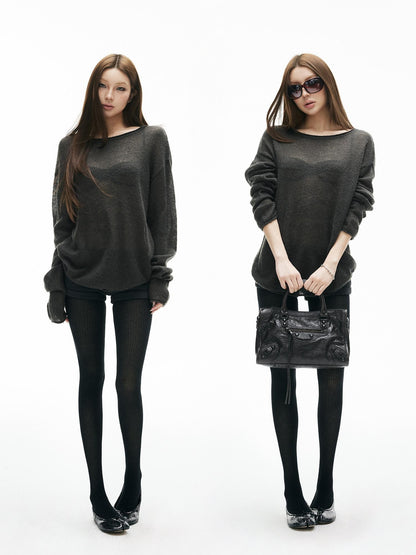 iamxiaa Sheer Boat Neck Drop Shoulder Women&