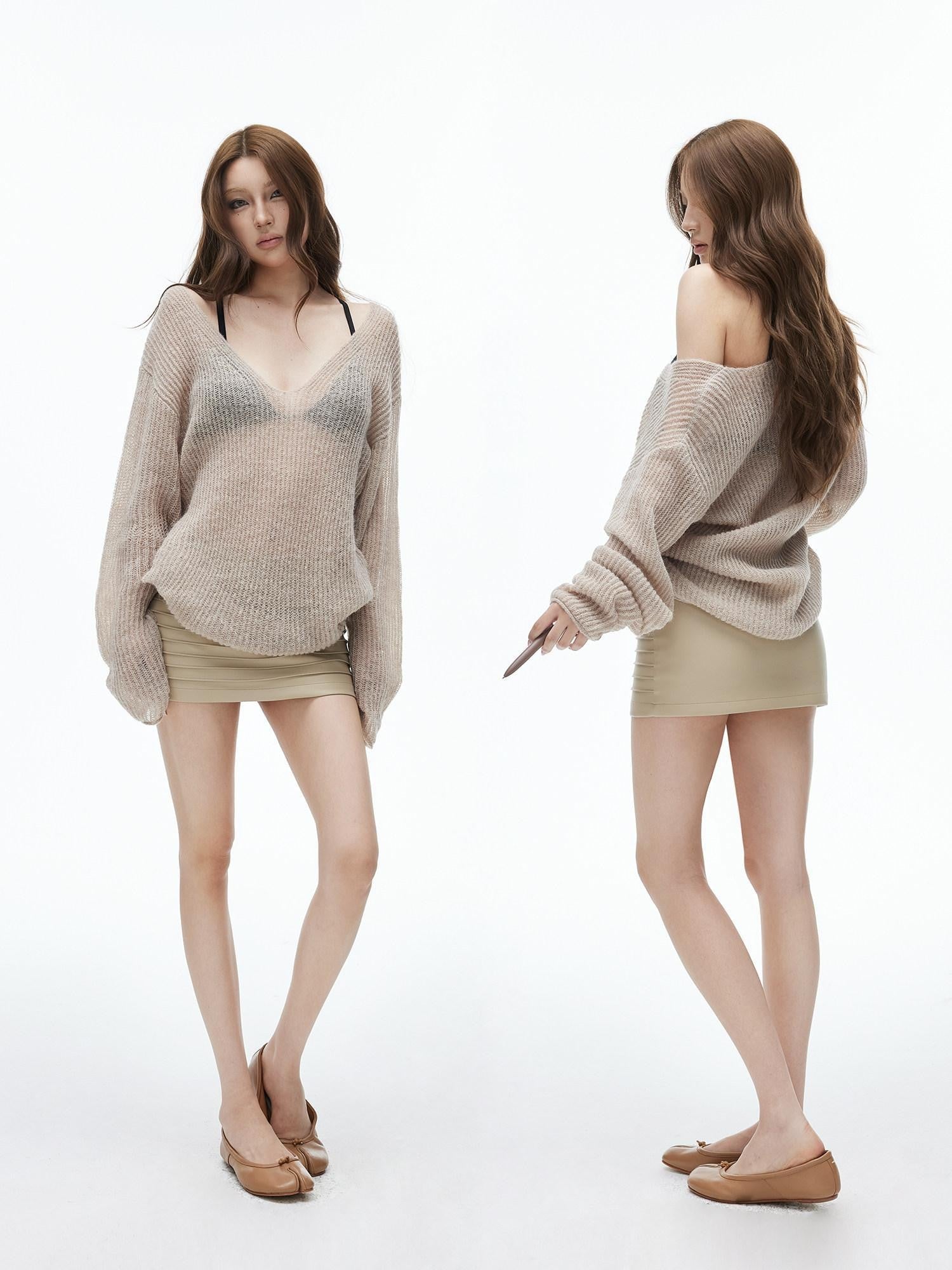 iamxiaa Sheer Openwork Deep V-neck Loose Knit Women&