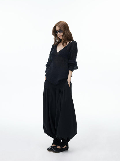 iamxiaa Sheer Openwork Deep V-neck Loose Knit Women&