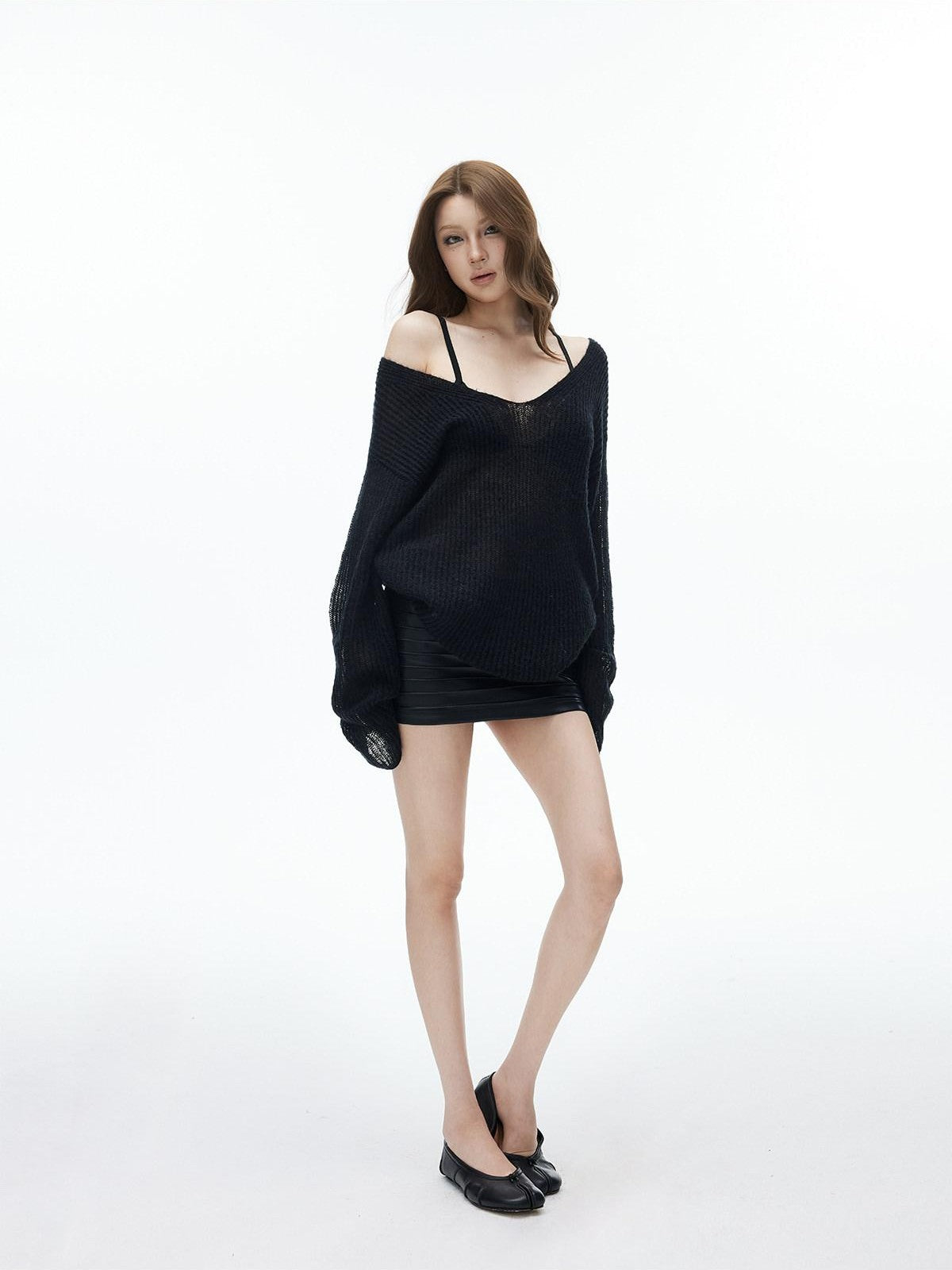 iamxiaa Sheer Openwork Deep V-neck Loose Knit Women&