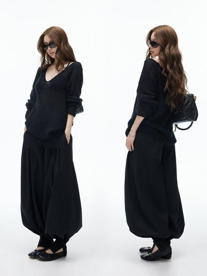 iamxiaa Sheer Openwork Deep V-neck Loose Knit Women&