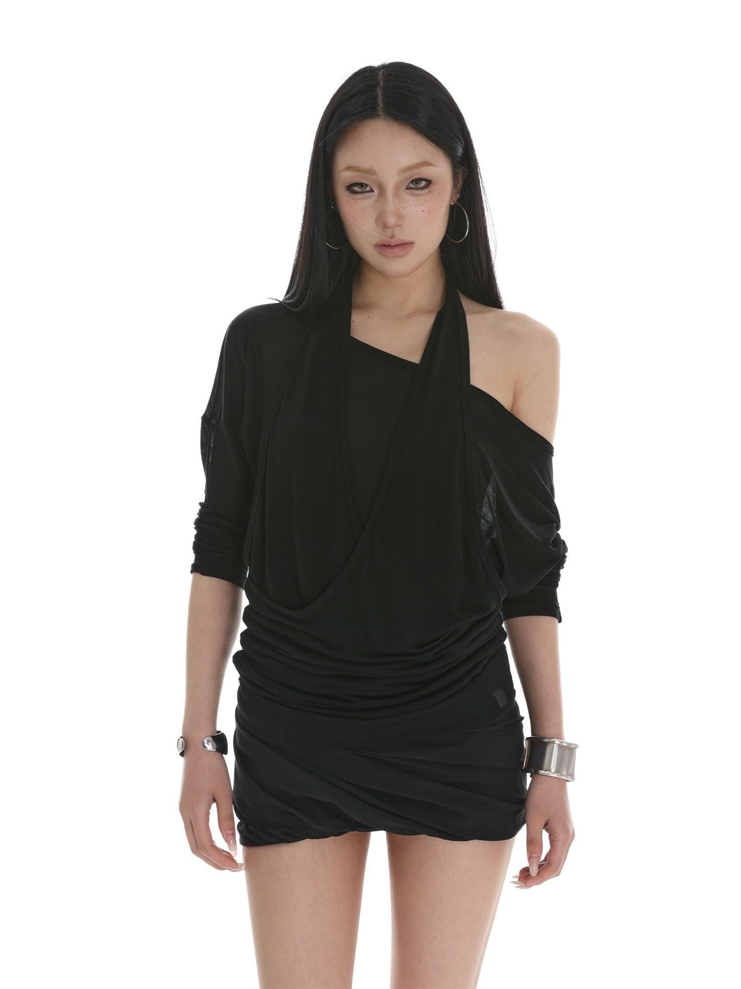 iamxiaa Sheer Ruched Halter Asymmetrical Layered Women&