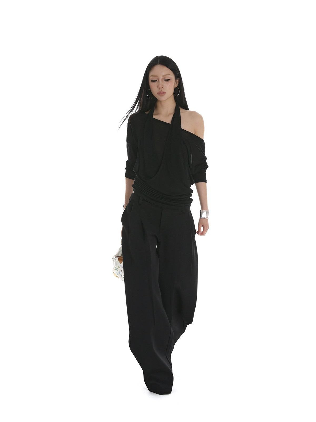 iamxiaa Sheer Ruched Halter Asymmetrical Layered Women&