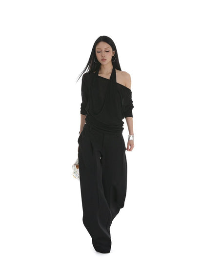 iamxiaa Sheer Ruched Halter Asymmetrical Layered Women&