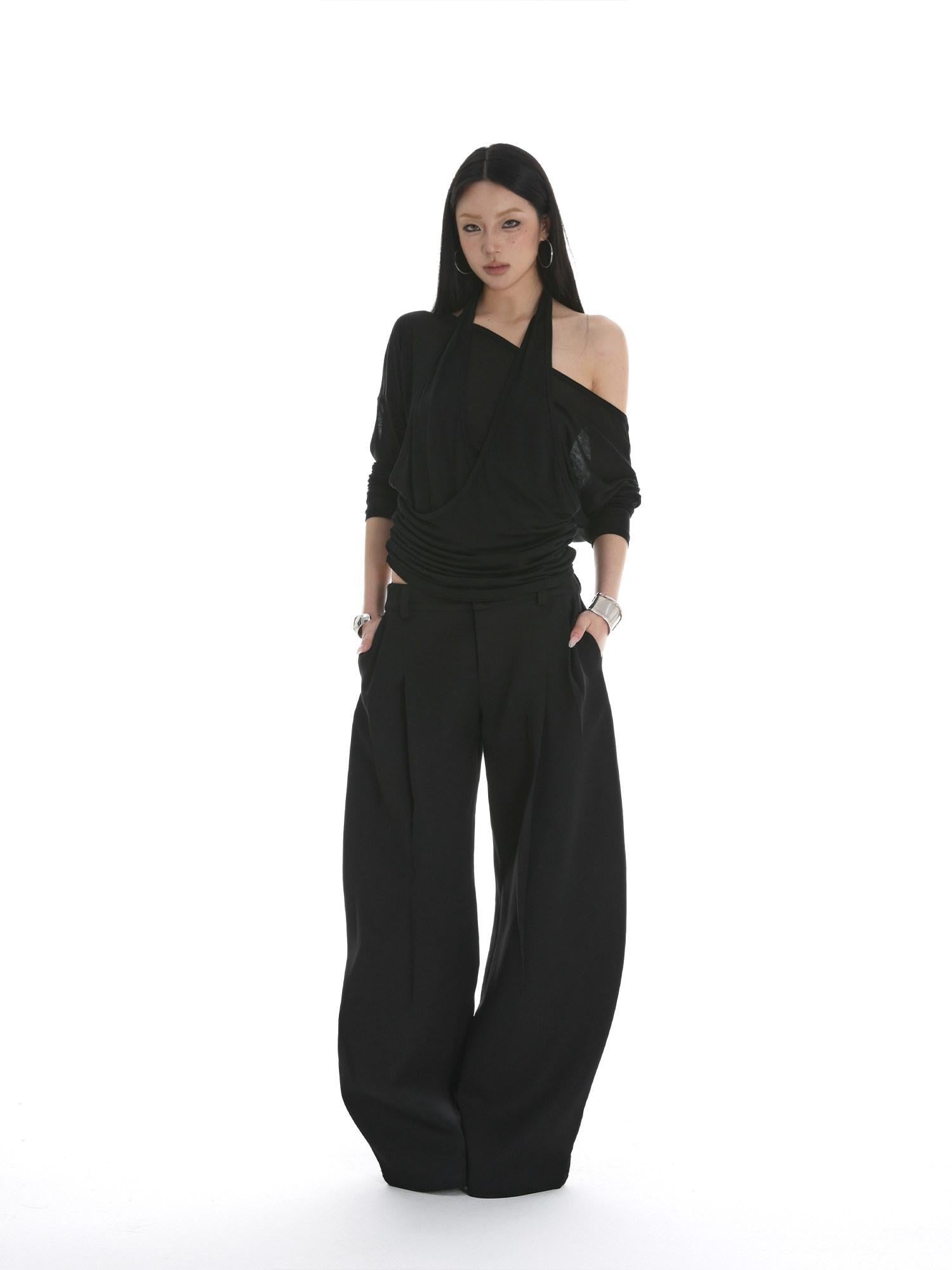 iamxiaa Sheer Ruched Halter Asymmetrical Layered Women&