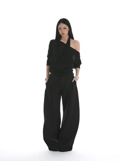 iamxiaa Sheer Ruched Halter Asymmetrical Layered Women&