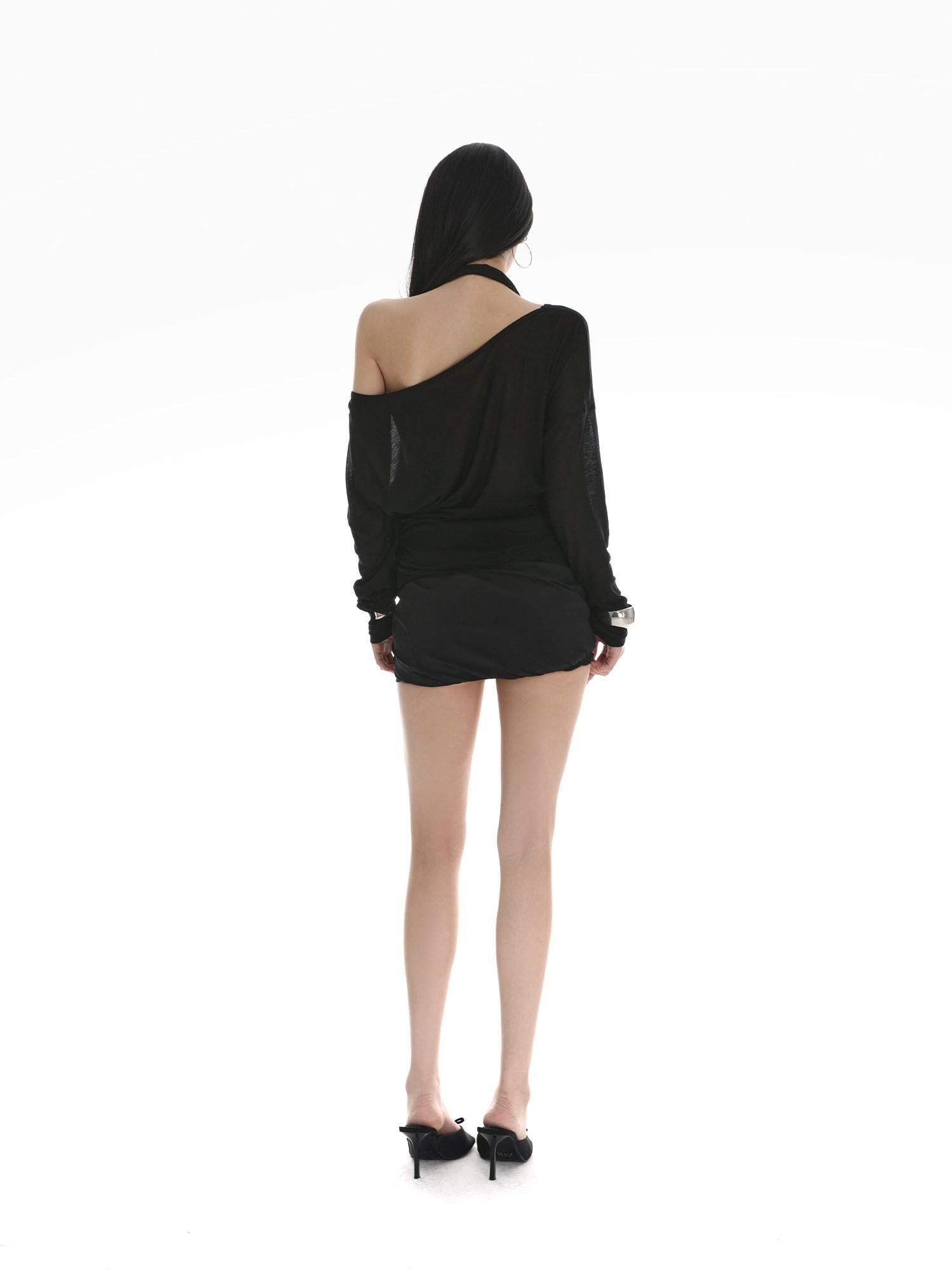 iamxiaa Sheer Ruched Halter Asymmetrical Layered Women&