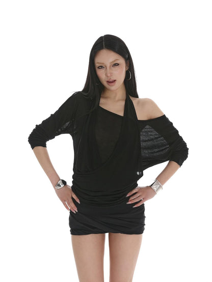 iamxiaa Sheer Ruched Halter Asymmetrical Layered Women&