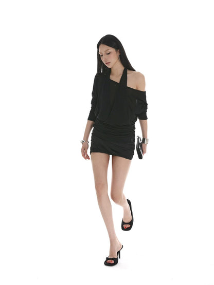 iamxiaa Sheer Ruched Halter Asymmetrical Layered Women&