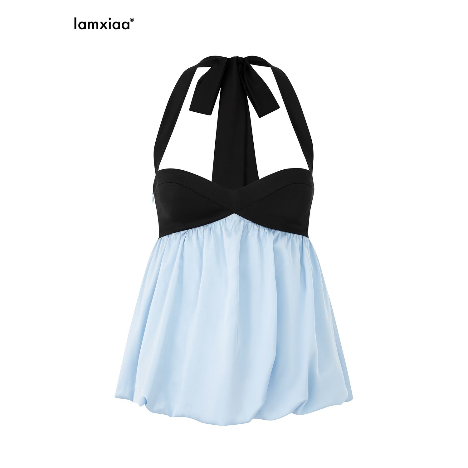 iamxiaa_Sky_Blue_Matte_Black_Contrast_Backless_Curved_Neck_Tie_Women&