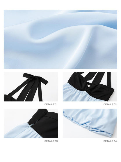 iamxiaa Sky Blue Matte Black Contrast Backless Curved Neck Tie Women&
