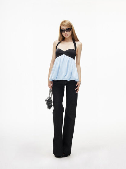 iamxiaa Sky Blue Matte Black Contrast Backless Curved Neck Tie Women&