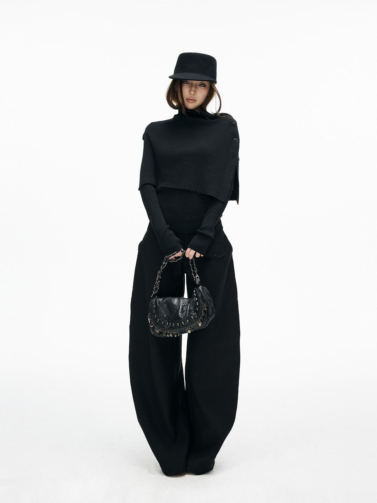iamxiaa Slim Fine Rib Buttoned Cape Henley Women&