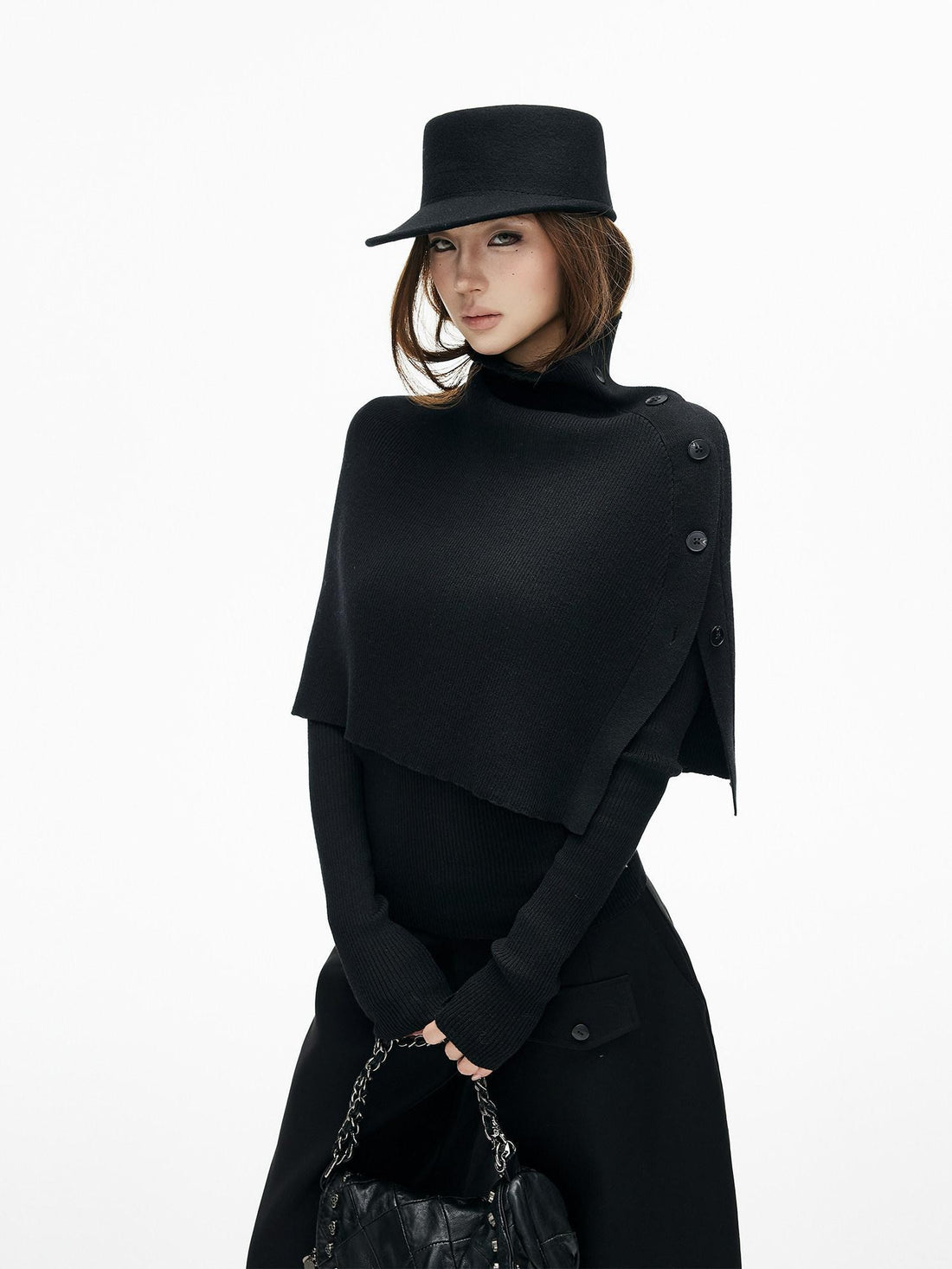 iamxiaa Slim Fine Rib Buttoned Cape Henley Women&