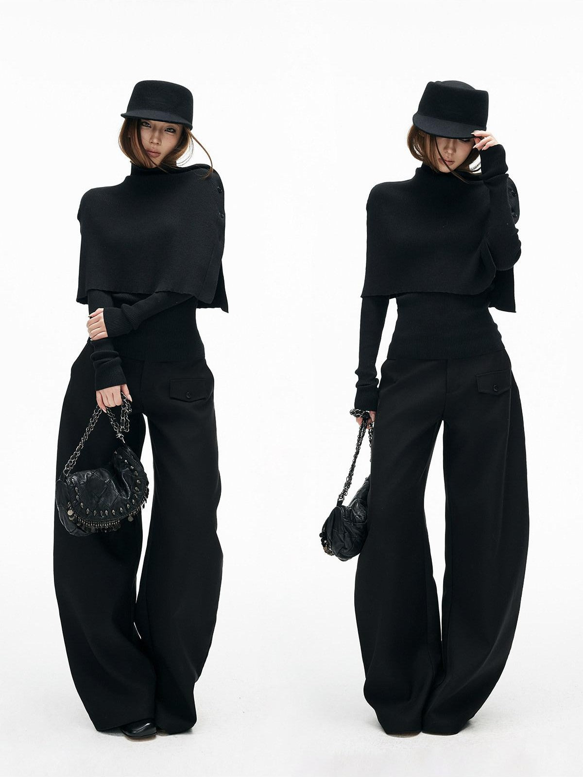 iamxiaa Slim Fine Rib Buttoned Cape Henley Women&