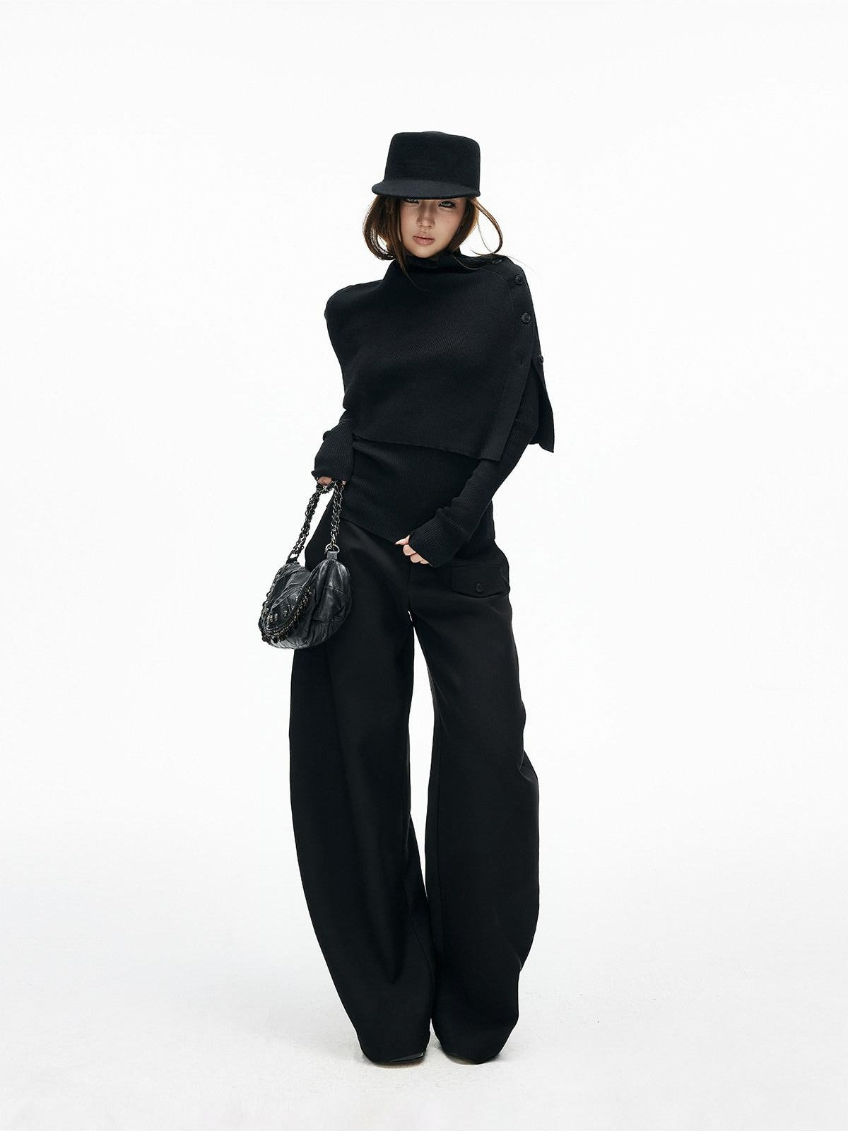 iamxiaa Slim Fine Rib Buttoned Cape Henley Women&