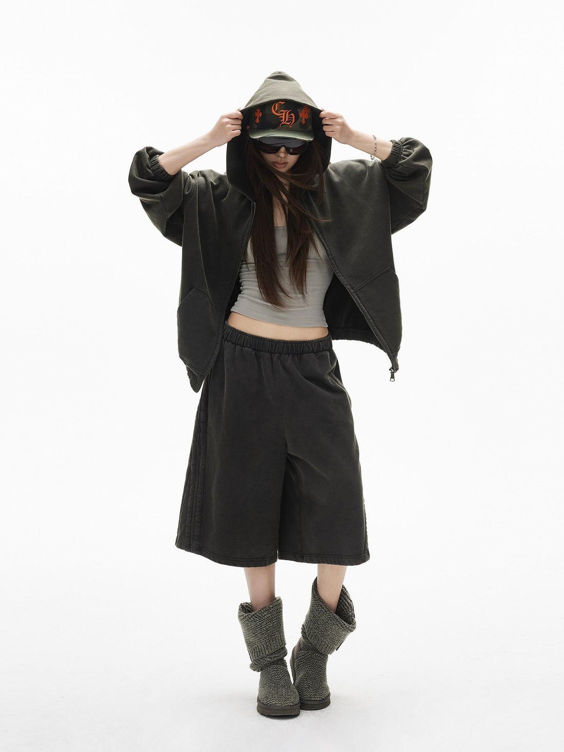 iamxiaa Snowflake Wash Hooded Baggy Cropped Women&