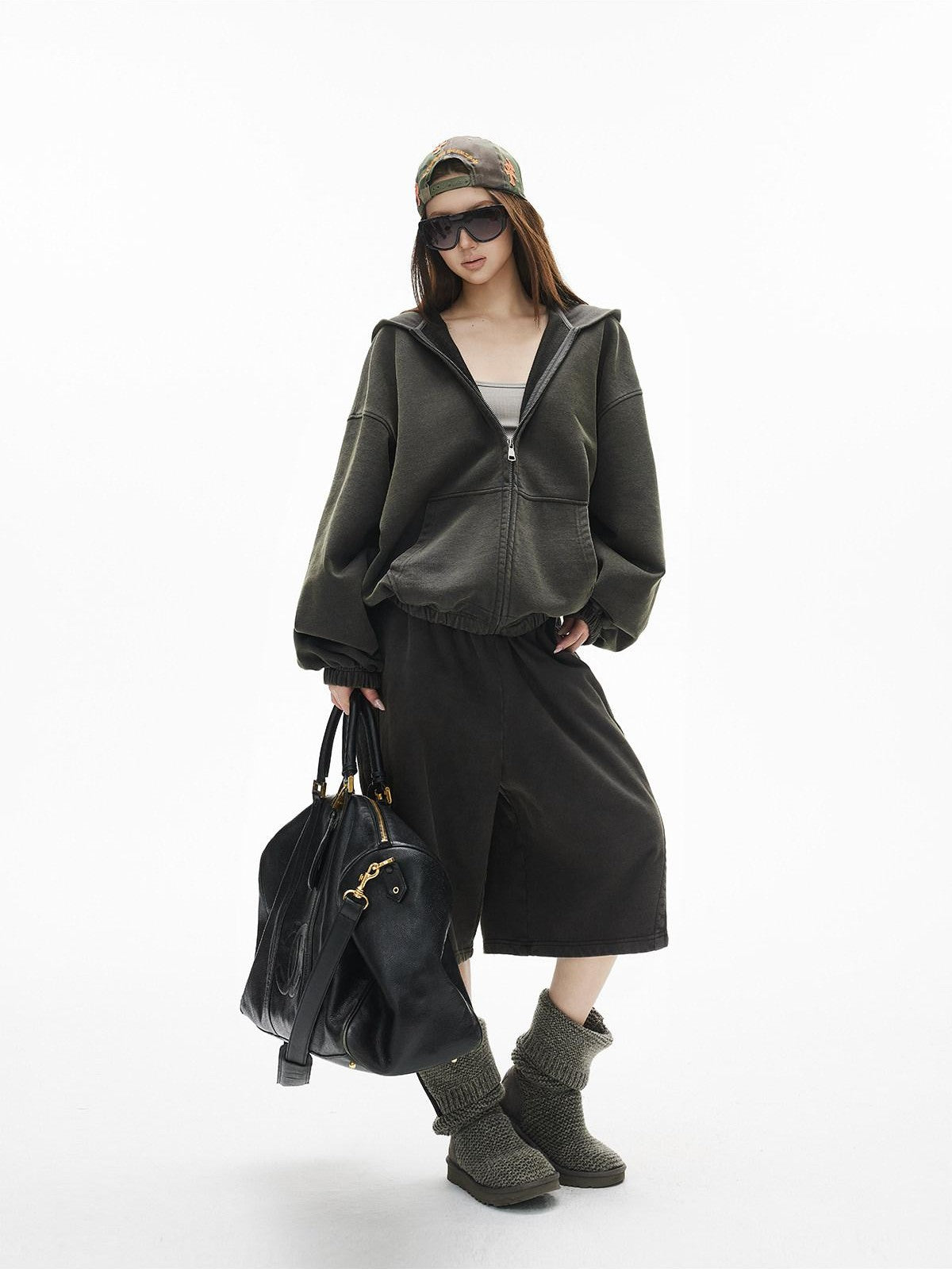iamxiaa Snowflake Wash Hooded Baggy Cropped Women&