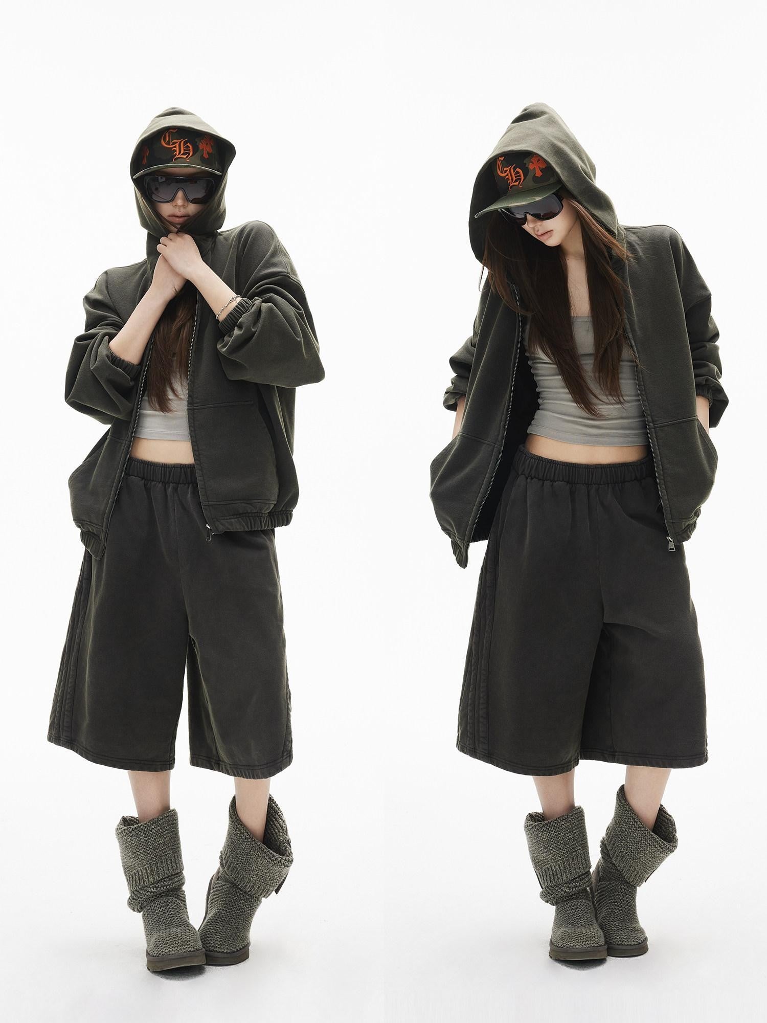 iamxiaa Snowflake Wash Hooded Baggy Cropped Women&