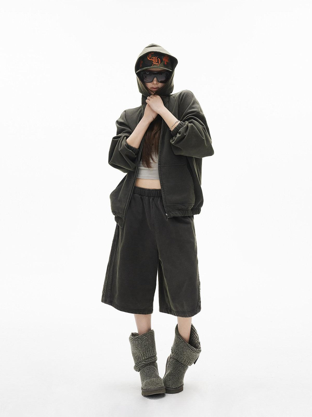 iamxiaa Snowflake Wash Hooded Baggy Cropped Women&