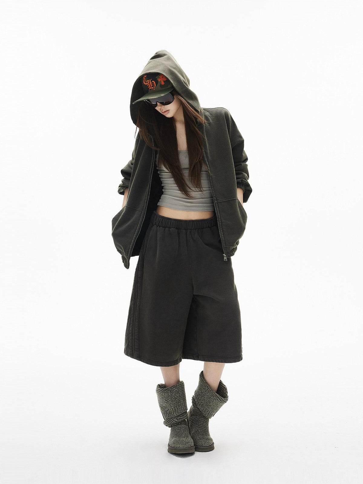iamxiaa Snowflake Wash Hooded Baggy Cropped Women&