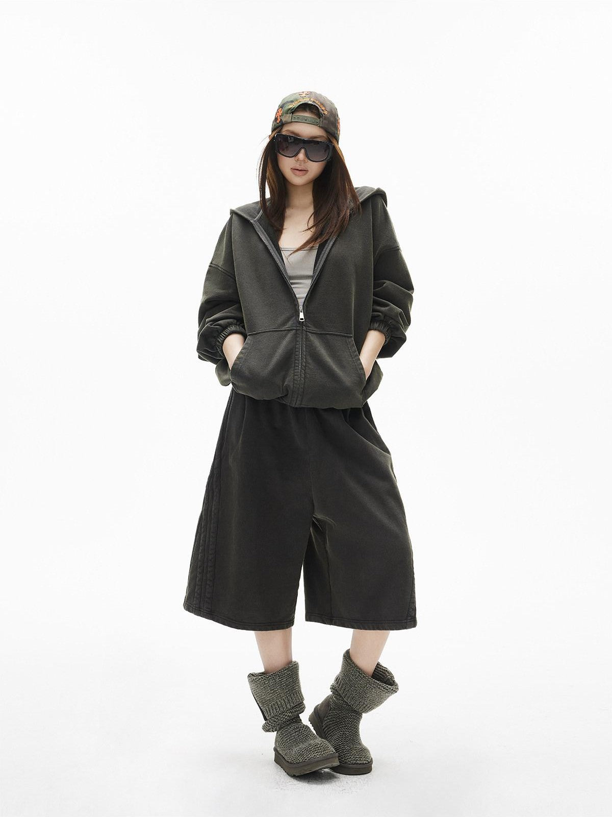 iamxiaa Snowflake Wash Hooded Baggy Cropped Women&