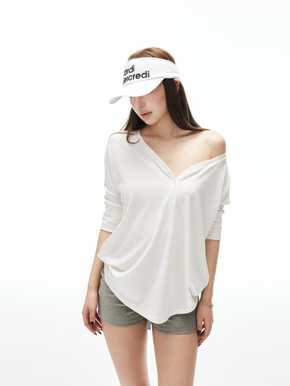 iamxiaa Soft Drape Heart Henley Shell Button Women&