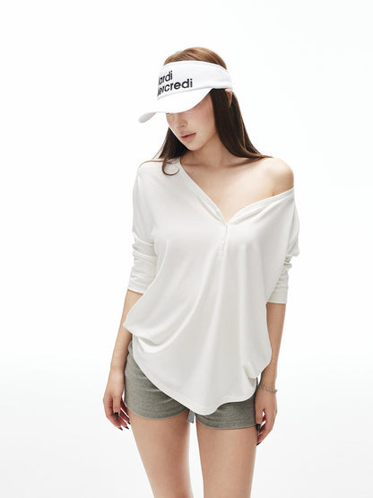 iamxiaa Soft Drape Heart Henley Shell Button Women&