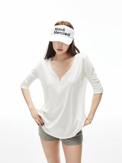 iamxiaa Soft Drape Heart Henley Shell Button Women&
