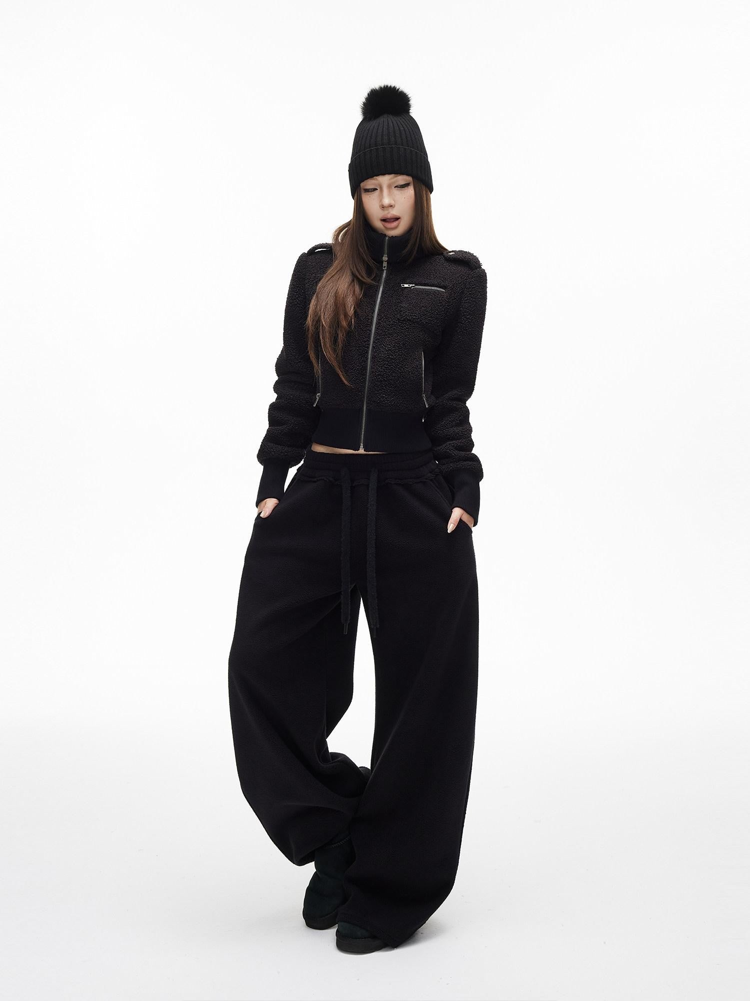 iamxiaa Soft Plush Convertible Collar Ribbed Waist Slim Women&