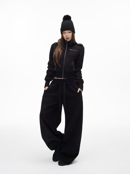 iamxiaa Soft Plush Convertible Collar Ribbed Waist Slim Women&