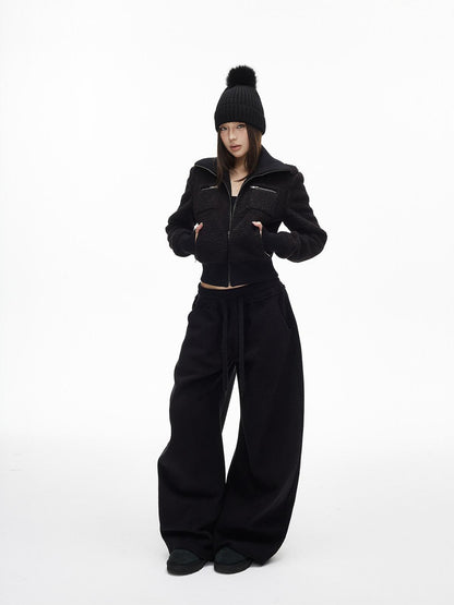 iamxiaa Soft Plush Convertible Collar Ribbed Waist Slim Women&