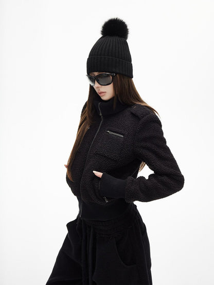 iamxiaa Soft Plush Convertible Collar Ribbed Waist Slim Women&